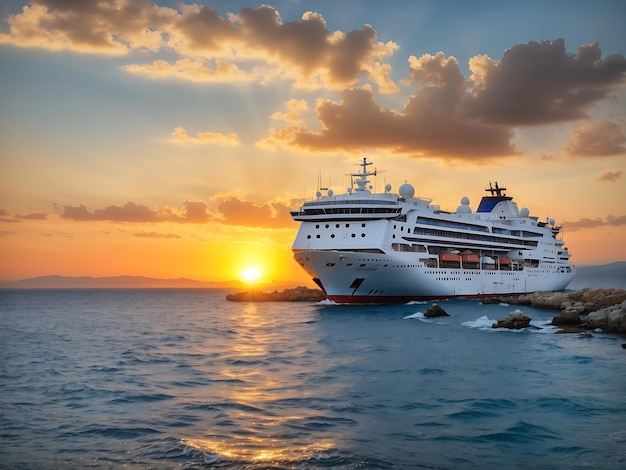 coucher de soleil photo sur la côte de la mer Égée navire et terre au loin