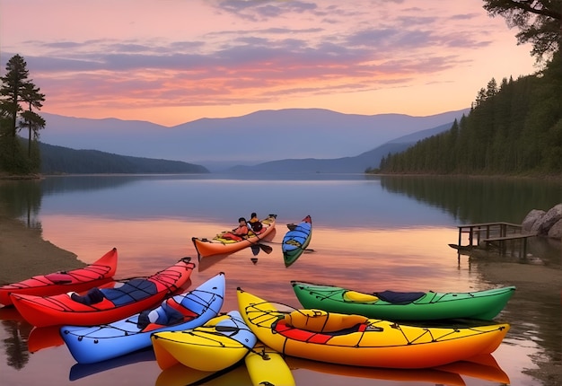 Coucher de soleil pittoresque sur un lac serein avec des kayaks colorés éparpillés le long du rivage