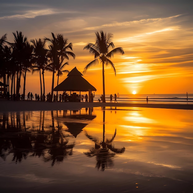 Coucher de soleil sur la plage de Bali Plante tropicale palmiers réflexion de la lumière du soleil sur l'eau