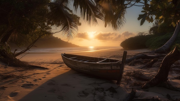 Un coucher de soleil sur la plage avec un bateau sur le sable