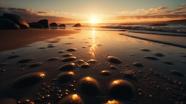 Un coucher de soleil sur une plage avec des bulles dans le sable