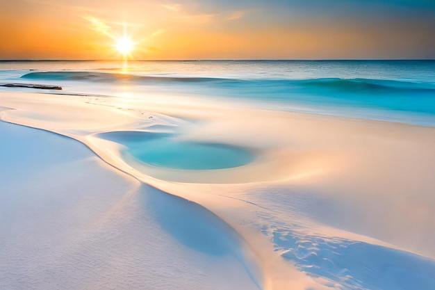 Un coucher de soleil sur une plage avec un ciel bleu et le soleil qui brille sur l'eau.