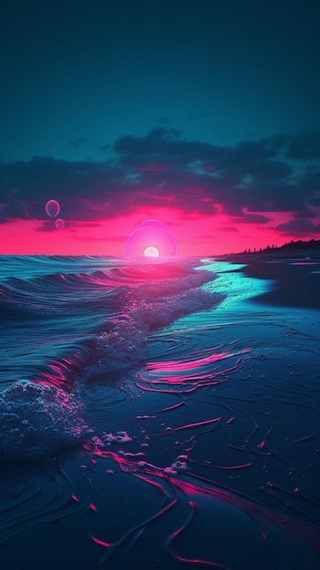 Un coucher de soleil sur la plage avec un ciel rose et bleu et le soleil brille.