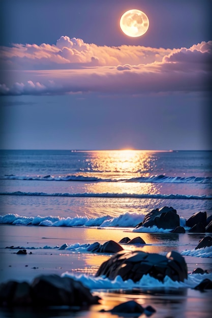 Un coucher de soleil sur la plage avec un ciel violet et le soleil se reflétant sur l'eau.