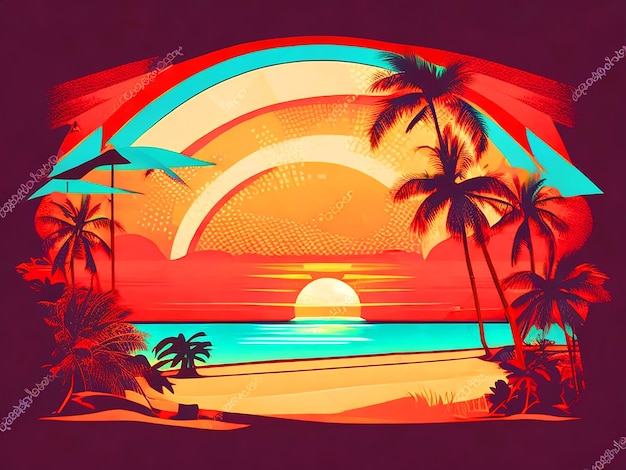 Le coucher de soleil sur la plage dessin de t-shirt rétro vintage