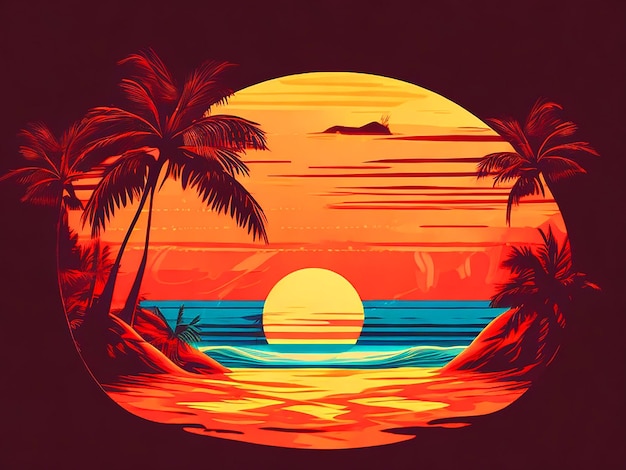 Le coucher de soleil sur la plage dessin de t-shirt rétro vintage