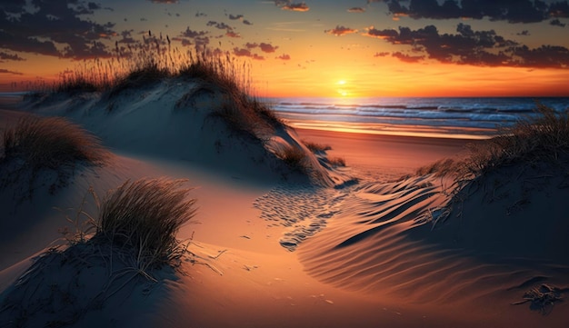 Coucher de soleil sur la plage de dunes Generate Ai