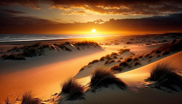 Coucher de soleil sur la plage de dunes Generate Ai