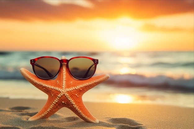 Le coucher de soleil sur la plage, l'étoile de mer adorable, les lunettes de soleil élégantes au bord de la mer, AR 32