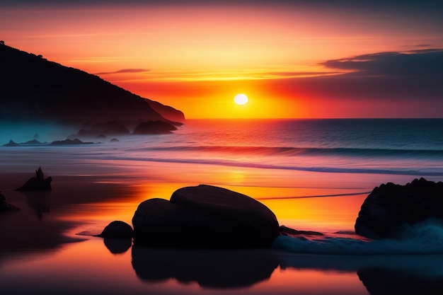 Un coucher de soleil sur la plage avec un gros rocher au premier plan