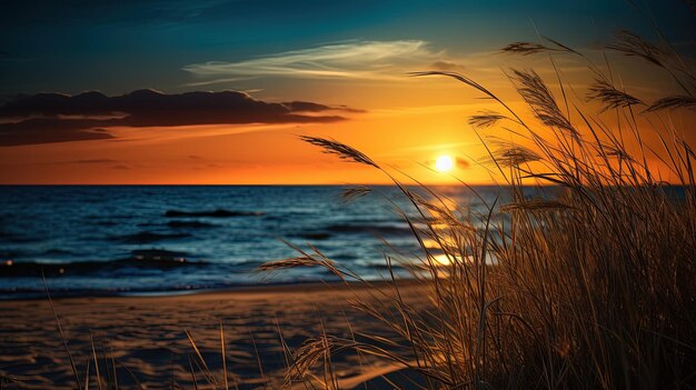 Photo coucher de soleil sur la plage avec de l'herbe devant le concept de silhouette