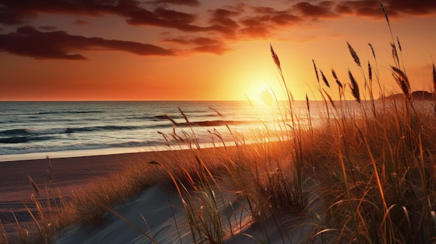 Photo coucher de soleil sur la plage avec de l'herbe devant le concept de silhouette