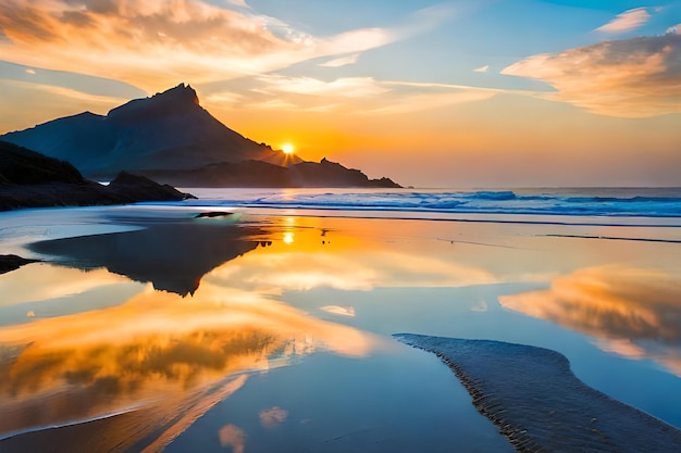 Un coucher de soleil sur la plage avec une montagne en arrière-plan