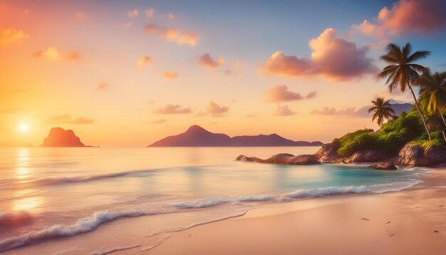 un coucher de soleil avec une plage et une montagne en arrière-plan