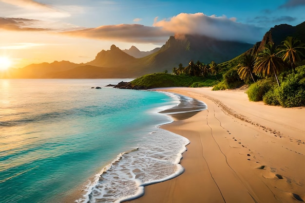 Un coucher de soleil sur une plage avec des montagnes en arrière-plan.