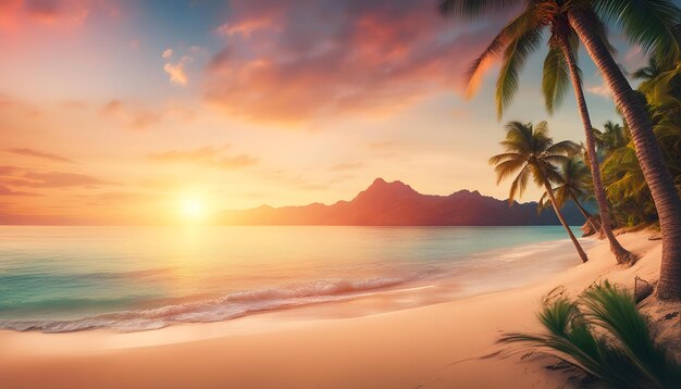 un coucher de soleil sur une plage avec un palmier au premier plan