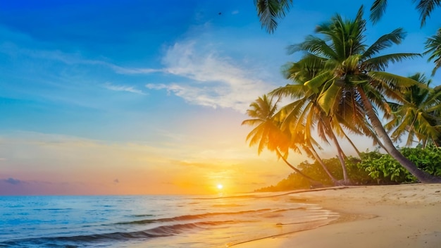 un coucher de soleil sur une plage avec des palmiers en arrière-plan