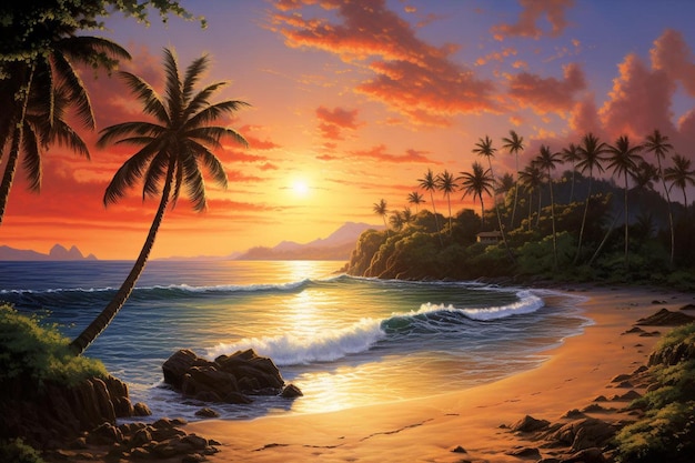 coucher de soleil sur la plage avec palmiers et coucher de soleil
