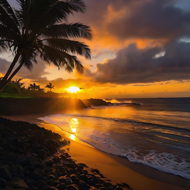 un coucher de soleil sur une plage avec des palmiers et des rochers