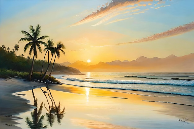 Un coucher de soleil sur une plage avec des palmiers et le soleil qui se couche derrière eux.