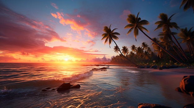 Le coucher de soleil sur la plage avec des palmiers vue sur l'océan IA générative