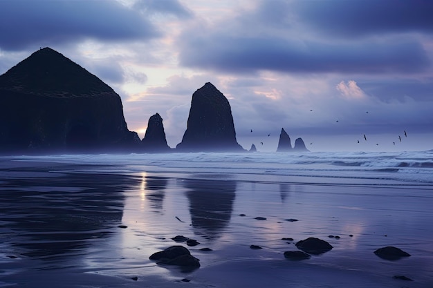 Coucher de soleil sur la plage de Reynisfjara Islande Europe Cannon Beach Crépuscule Solitude Crépuscule du soir à Haystack Rock à Cannon Beach Oregon alors que les vagues s'échouent sur la plage États-Unis AI généré