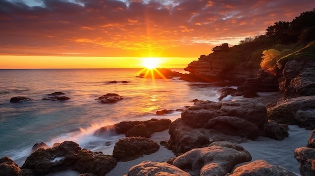 Le coucher de soleil de la plage rocheuse