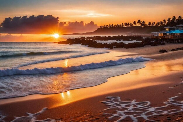 un coucher de soleil sur une plage avec le soleil couchant derrière l'eau