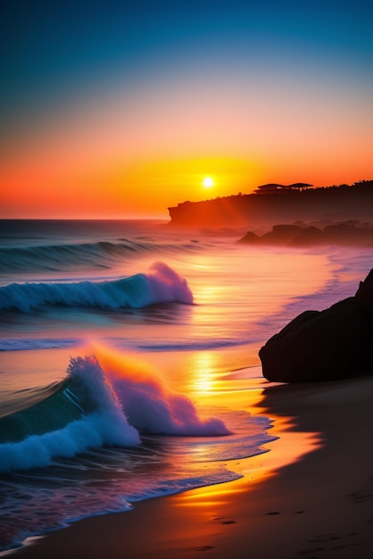 Un coucher de soleil sur la plage avec le soleil couchant derrière