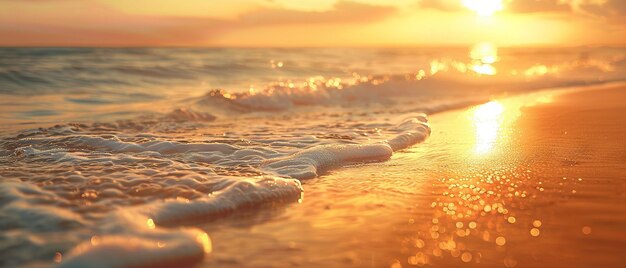 Le coucher de soleil sur une plage tranquille avec des sables dorés et des eaux calmes