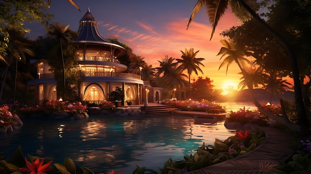 coucher de soleil sur une plage tropicale avec de l'eau et de la palme générative d'IA