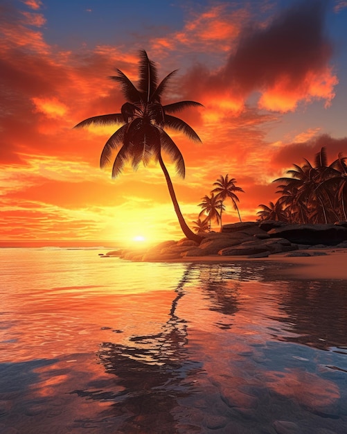 Coucher de soleil sur la plage tropicale généré par AI avec palmier AI générative