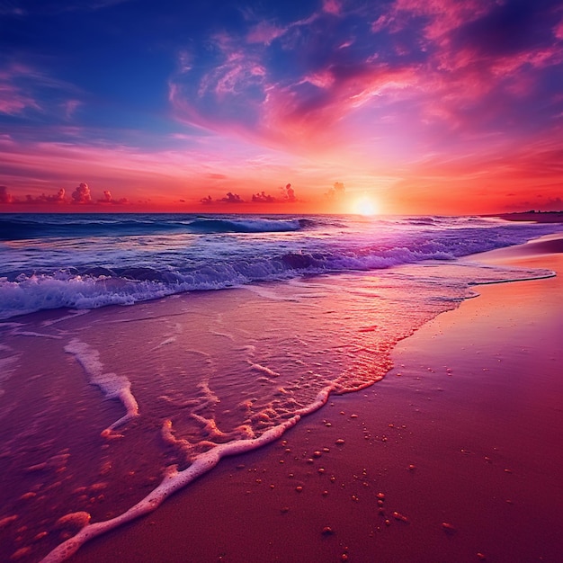 Le coucher de soleil sur la plage avec des vagues et du sable et un ciel lumineux génératif ai