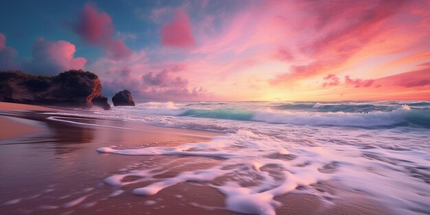 coucher de soleil sur une plage avec des vagues s'écrasant devant une falaise générative ai