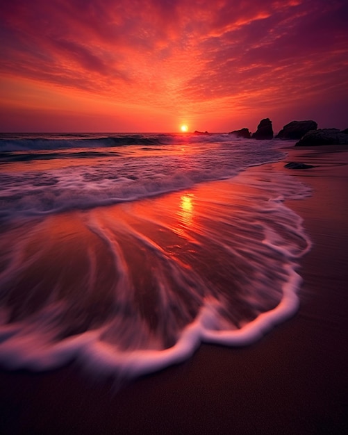 Photo le coucher de soleil sur la plage avec les vagues s'écrasant devant le soleil génératif ai