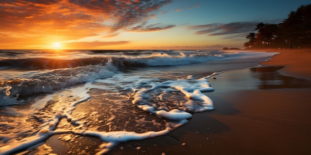 Coucher de soleil sur une plage avec des vagues se brisant dans le sable ai générative