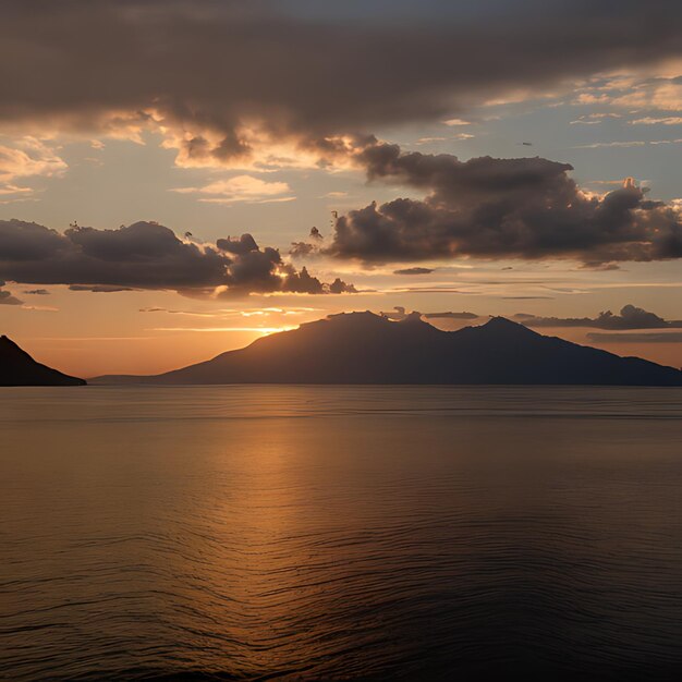 Photo un coucher de soleil sur un plan d'eau avec une montagne en arrière-plan