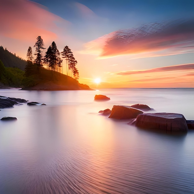 Un coucher de soleil sur un plan d'eau avec des rochers et des arbres au premier plan.