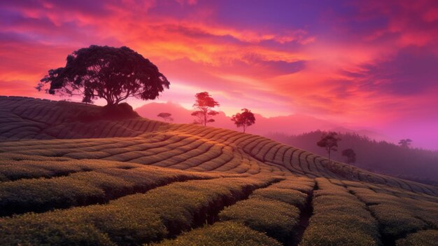 Photo le coucher de soleil de la plantation de thé avec les nuages qui roulent