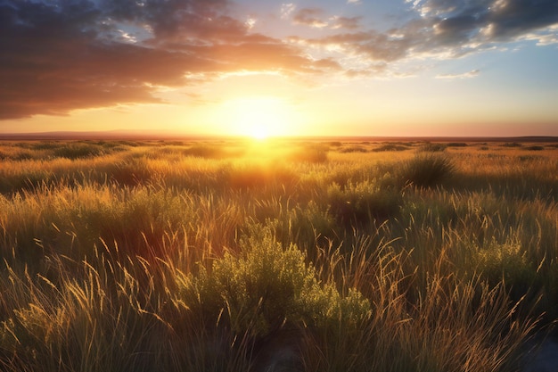 Coucher de soleil sur la prairie steppique le soir