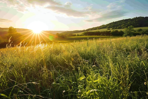 Photo le coucher de soleil sur le pré en été la composition de la nature les rayons du soleil