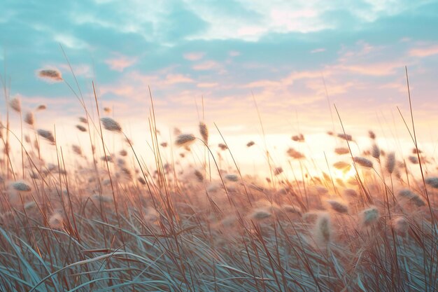 Photo le coucher de soleil sur le pré avec de hautes herbes arrière-plan de la nature