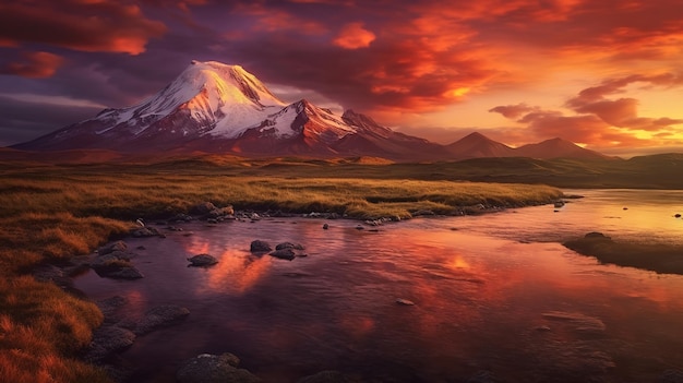 Coucher de soleil sur le puits du volcan de magma Kamchatka Generative ai