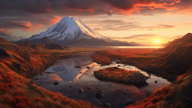 Coucher de soleil sur le puits de magma généré par l'IA