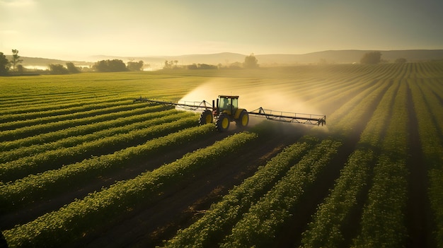 Coucher de soleil pulvérisation vue aérienne du tracteur sur la plantation de soja