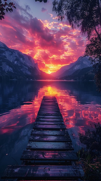 un coucher de soleil avec un quai au milieu du lac