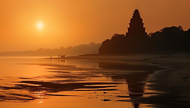 un coucher de soleil avec quelques personnes debout devant un temple