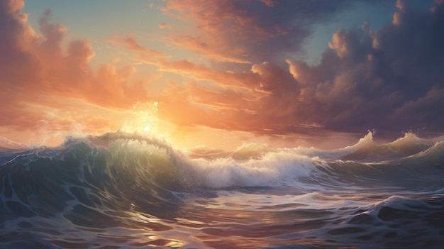 Le coucher de soleil radiant sur les vagues de l'océan Image générée par l'IA
