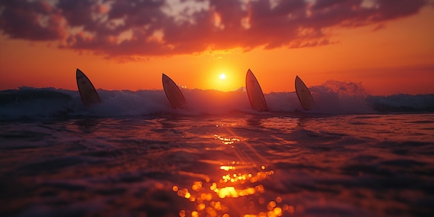 un coucher de soleil avec une rangée de planches de surf dans l'eau