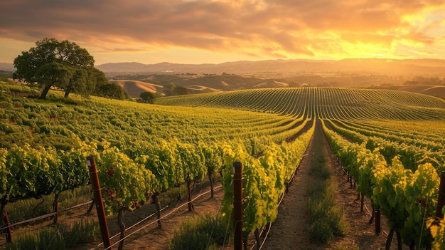 Le coucher de soleil sur les rangées de vignes luxuriantes dans la région du vin resplendissant